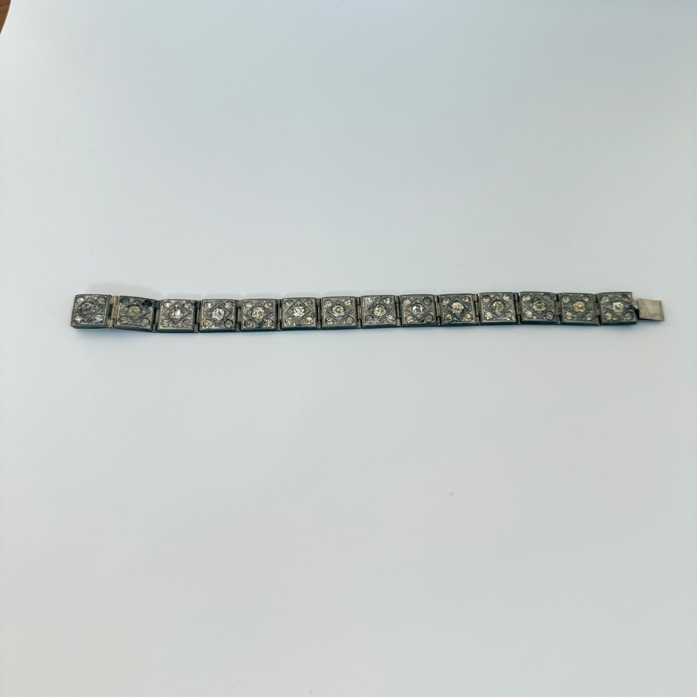 Vintage Art Deco Rhodium Plated Rhinestone Geometric Panel Link Bracelet 7.25"